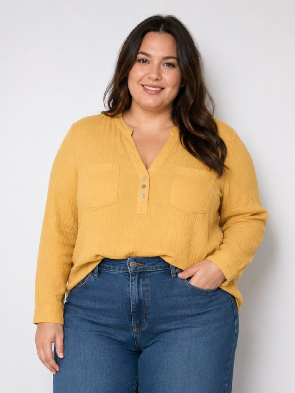 Mote Mustard Yellow 100% Cotton Gauze Henley Blouse Large Boho Lightweight
